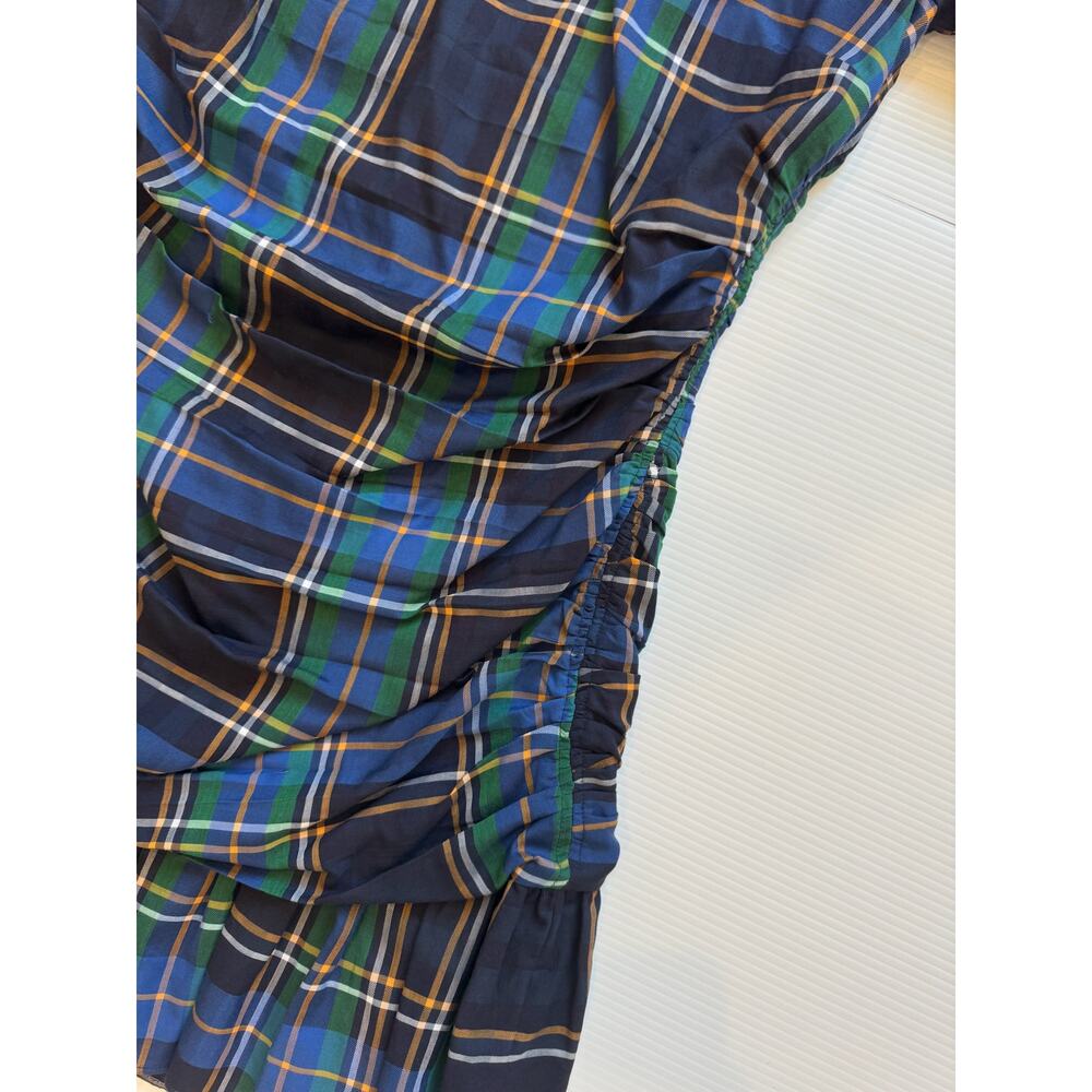Tanya Taylor Raven Tartan Mini Dress Women’s 8 Ruched Preppy Blue Green Cotton - Picture 9 of 16